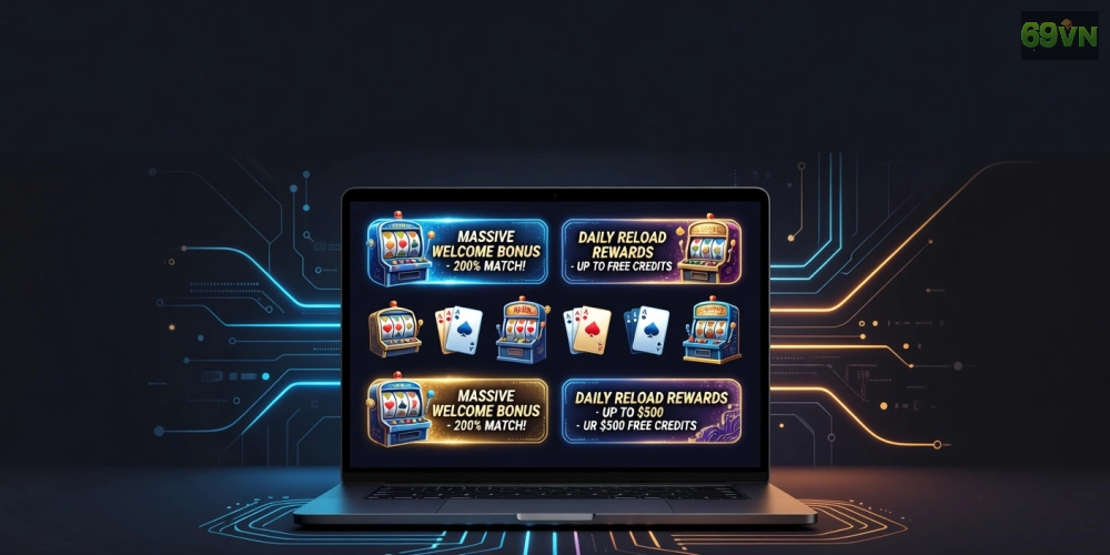 Minh họa khái niệm game khuyến mãi 69vn với giao diện nền tảng trực tuyến hấp dẫn và các biểu tượng thưởng.
