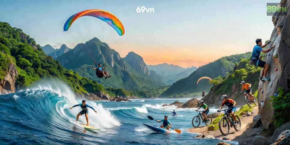Hình minh họa khái niệm thể thao cực hạn 69vn với các hoạt động mạo hiểm đầy kịch tính