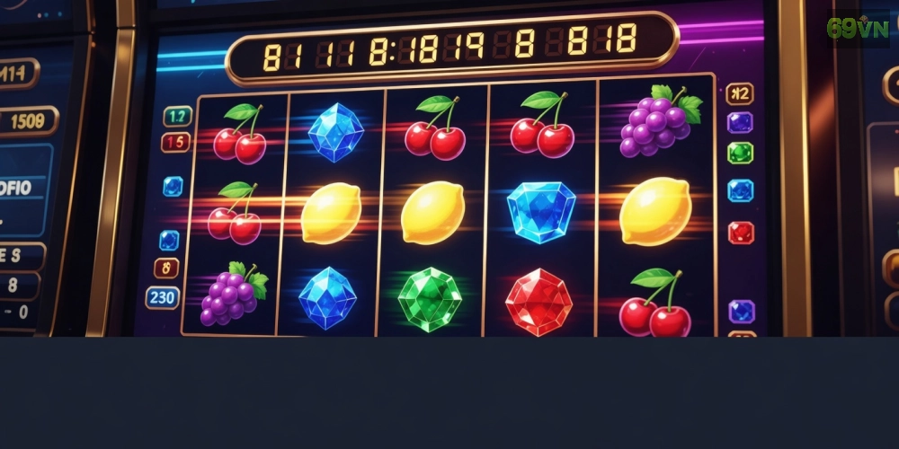 Minh họa khái niệm quay nổ hũ 69vn với giao diện trò chơi hiện đại và jackpot lớn
