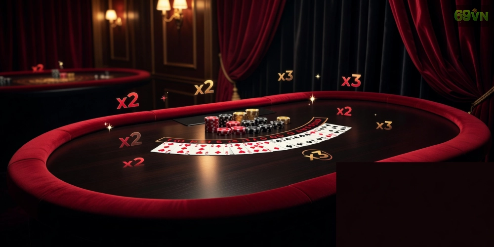 Hình ảnh giao diện game baccarat với các yếu tố khuyến mãi nổi bật trên nền tảng 69vn.